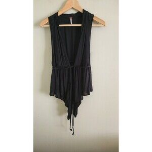 Free People  Vest Black Tie-Waist Open Front V-Neck Shark Hem Top Sz P/xs